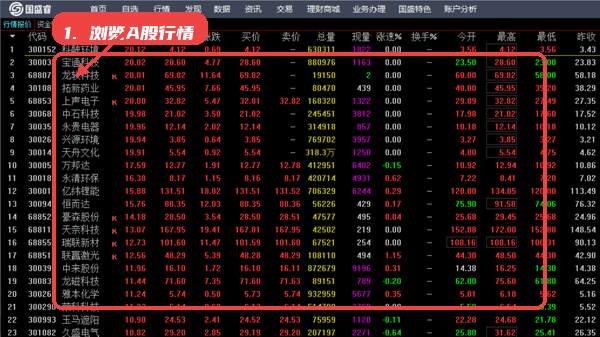 国盛睿教程图:第四步,浏览行情数据及切换市场。 国盛睿,第四步,浏览行情数据及切换市场。,登录成功后,通过导航栏切换至A股