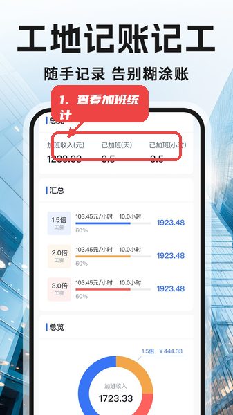 记工记加班教程图:第一步,打开首页查看加班统计。 记工记加班,第一步,打开首页查看加班统计。,启动应用后,首页会显示当前加班的总收