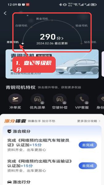 启滴出行司机端app教程图:第一步,查看等级及积分进度。 查看等级及积分进度。