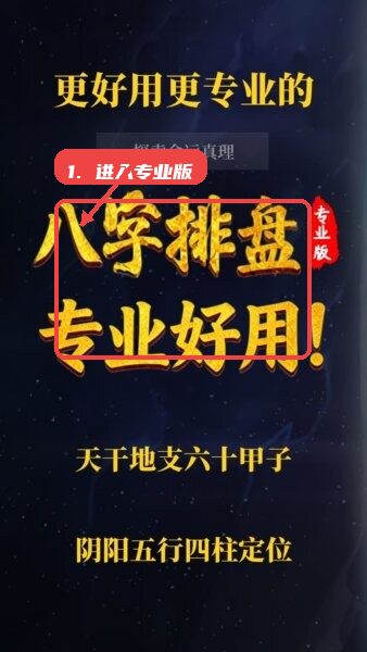 诸葛八字排盘app免费版教程图:第二步,进入八字排盘专业版模块。 进入八字排盘专业版模块。