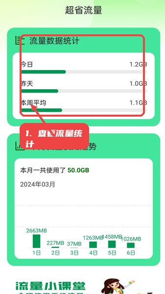 超省流量教程图:第二步,查看流量统计数据。 查看流量统计数据。