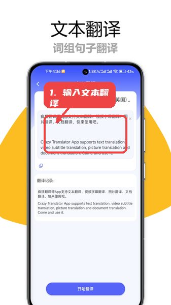疯狂翻译师教程图:第一步,输入文本进行翻译。 输入文本进行翻译。