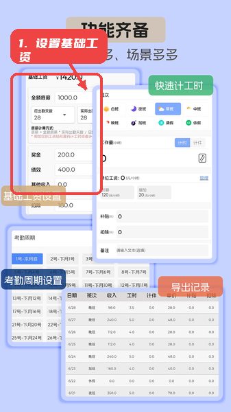 安心计工时教程图:第五步,设置基础工资。 设置基础工资。