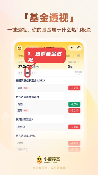 小倍养基教程图:第二步,查看基金透视。 查看基金透视。