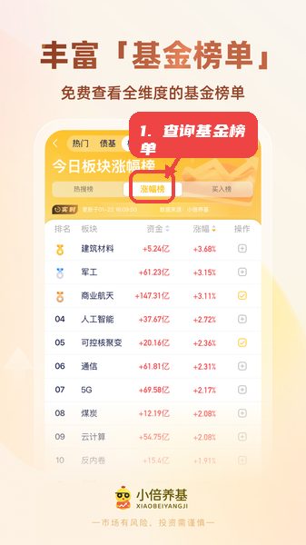 小倍养基教程图:第四步,查询基金榜单。 查询基金榜单。