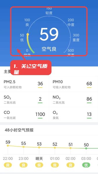天气一点通教程图:第四步,关注空气质量。 关注空气质量。