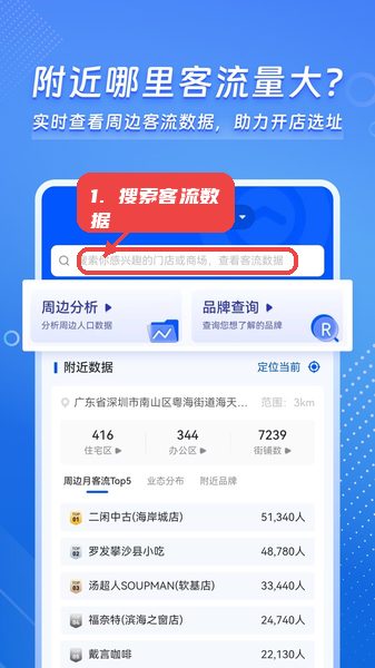 客流易教程图:第二步,使用搜索框查询客流数据。 使用搜索框查询客流数据。