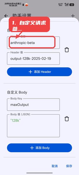 RikkaHub教程图:第三步,自定义请求参数填写。 自定义请求参数填写。
