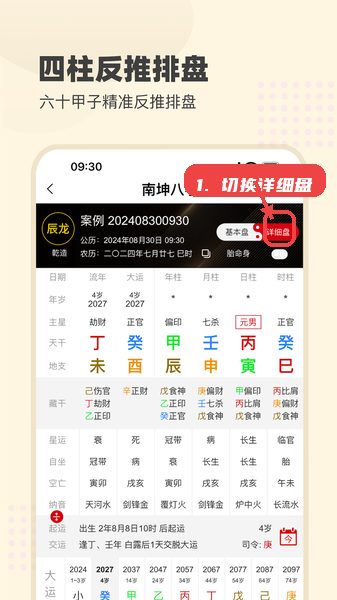 南坤八字教程图:第四步,切换基本盘与详细盘查看。 切换基本盘与详细盘查看。