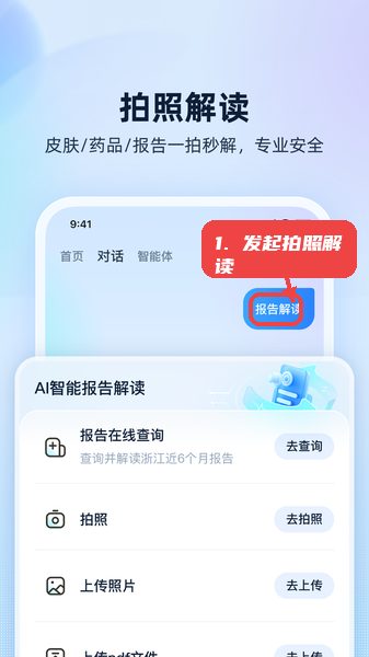 安诊儿教程图:第四步,发起拍照解读。 发起拍照解读。