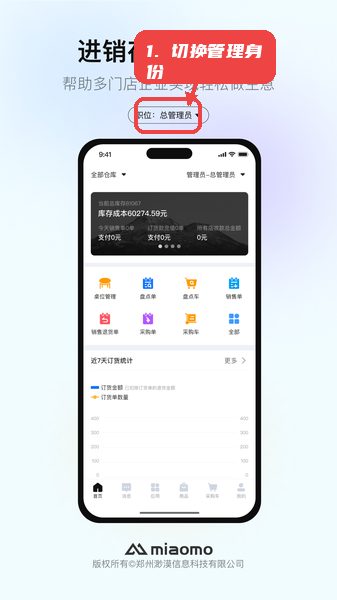 渺漠新零售教程图:第一步,切换管理身份。 切换管理身份。