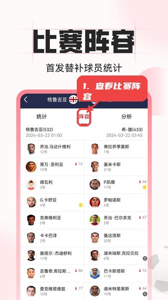 中足网教程图:第三步,查看比赛阵容。 查看比赛阵容。