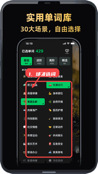 阿美英语教程图:第二步,场景化单词选择。 场景化单词选择。