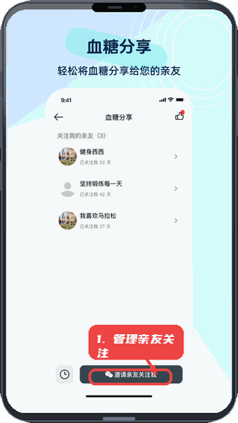 硅基动感健康教程图:第四步,管理亲友关注。 管理亲友关注。