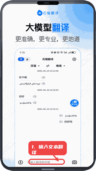 石榴翻译教程图:第一步,输入文本进行翻译。 输入文本进行翻译。
