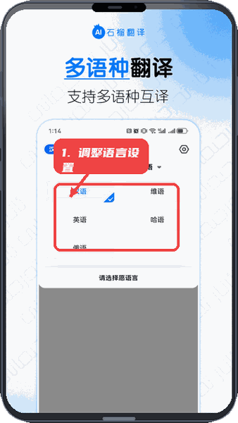 石榴翻译教程图:第四步,调整语言设置。 调整语言设置。