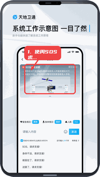 天地卫通教程图:第四步,使用SOS求救功能。 使用SOS求救功能。