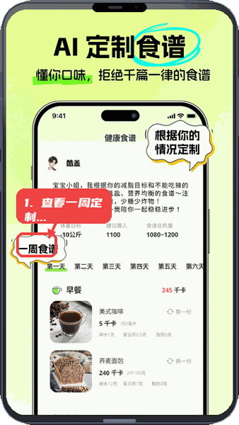 恋上健康教程图:第四步,查看一周定制食谱。 查看一周定制食谱。