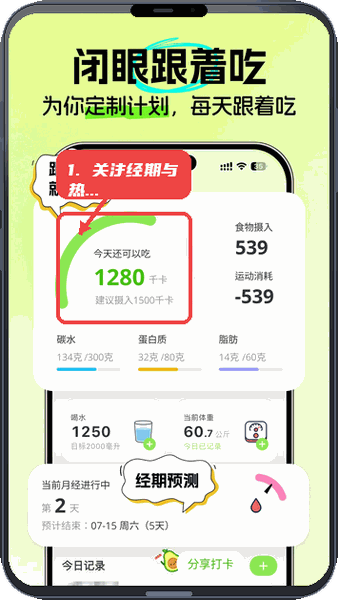 恋上健康教程图:第五步,关注经期预测和热量剩余。 关注经期预测和热量剩余。