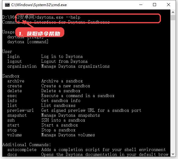 daytona教程图:第二步,获取命令帮助。 获取命令帮助。