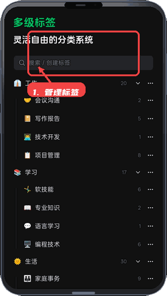 闪念笔记教程图:第三步,管理标签。 管理标签。