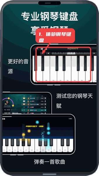 天天钢琴教程图:第一步,体验钢琴键盘。 体验钢琴键盘。