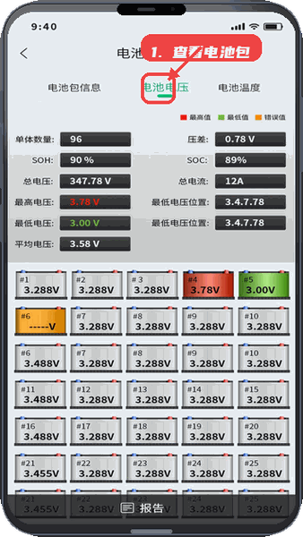 智断车保姆教程图:第五步,查看电池包检测数据。 查看电池包检测数据。