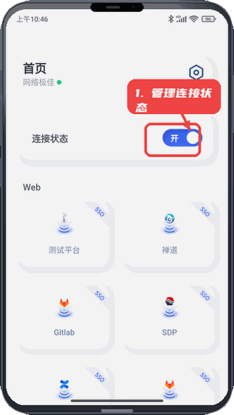ParaZTA教程图:第四步,管理连接状态与访问应用。 管理连接状态与访问应用。
