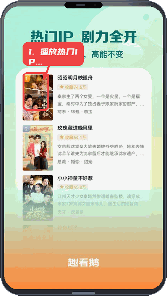 趣看鹅教程图:第三步,播放热门IP短剧。 播放热门IP短剧。