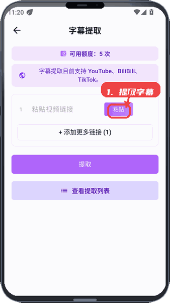 DataTool教程图:第四步,粘贴链接提取字幕。 粘贴链接提取字幕。