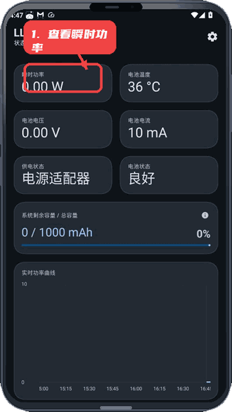 LLMonitor教程图:第二步,查看瞬时功率数据。 查看瞬时功率数据。