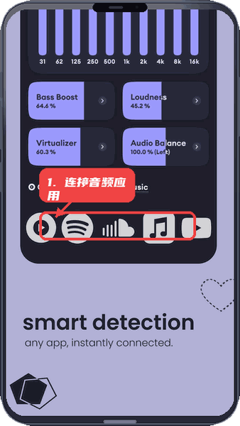 EchoEQ教程图:第四步,连接目标音频应用。 连接目标音频应用。