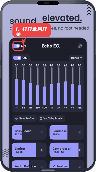 EchoEQ教程图:第一步,打开全局开关。 打开全局开关。