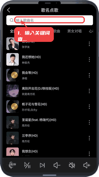 萝卜K歌教程图:第二步,输入关键词查找歌曲。 输入关键词查找歌曲。