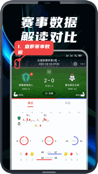 观赛宝教程图:第一步,查看赛事数据。 查看赛事数据。