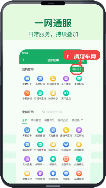 邮智行教程图:第三步,调整应用布局。 调整应用布局。