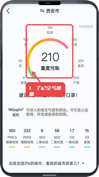 知温天气教程图:第二步,了解空气质量状况。 了解空气质量状况。