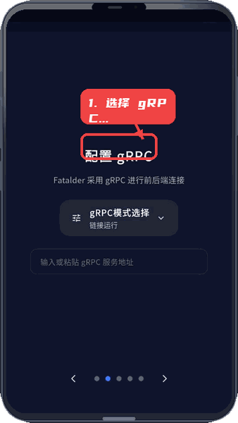 fatalder教程图:第二步,选择 gRPC 模式。 选择 gRPC 模式。