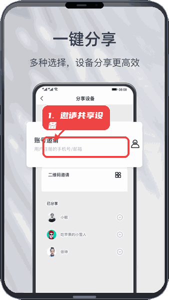 小豚云教程图:第三步,邀请他人共享设备。 邀请他人共享设备。