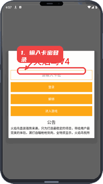 火焰鸟教程图:第一步,输入卡密进行登录。 输入卡密进行登录。