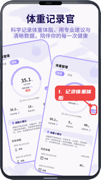 体重管理器教程图:第一步,记录体重体脂数据。 记录体重体脂数据。