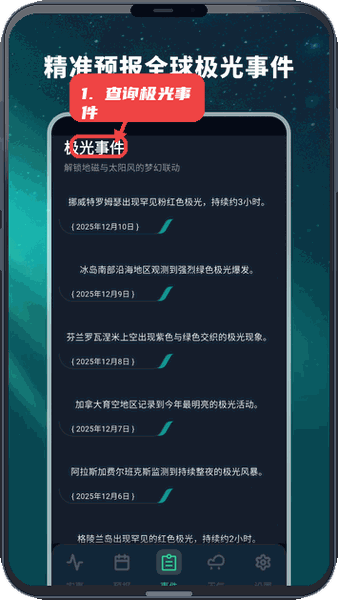 极光预测教程图:第二步,查询全球极光事件。 查询全球极光事件。