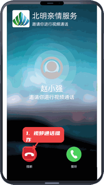 北明亲情服务教程图:第五步,视频通话操作。 视频通话操作。