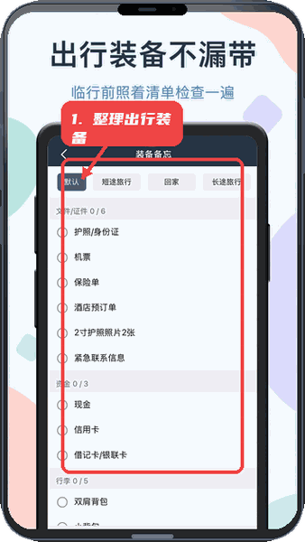 简足迹教程图:第四步,整理出行装备。 整理出行装备。