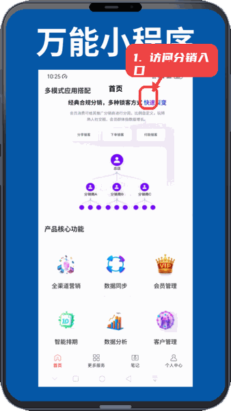 万能小程序教程图:第二步,访问分销裂变入口。 访问分销裂变入口。