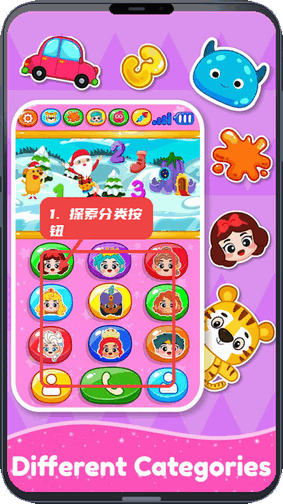 儿童宝宝电话教程图:第五步,探索分类按钮。 探索分类按钮。