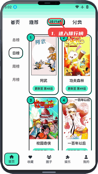 青漫漫画教程图:第一步,进入排行榜页面。 进入排行榜页面。