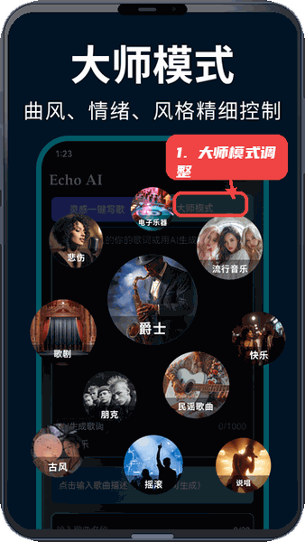 EchoAI一键成曲教程图:第四步,大师模式调整。 大师模式调整。