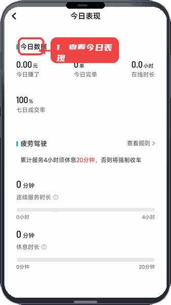 相安出行司机端教程图:第四步,查看今日表现。 查看今日表现。