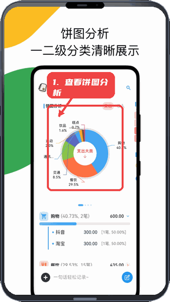 我的记账日记教程图:第三步,查看饼图分析。 查看饼图分析。